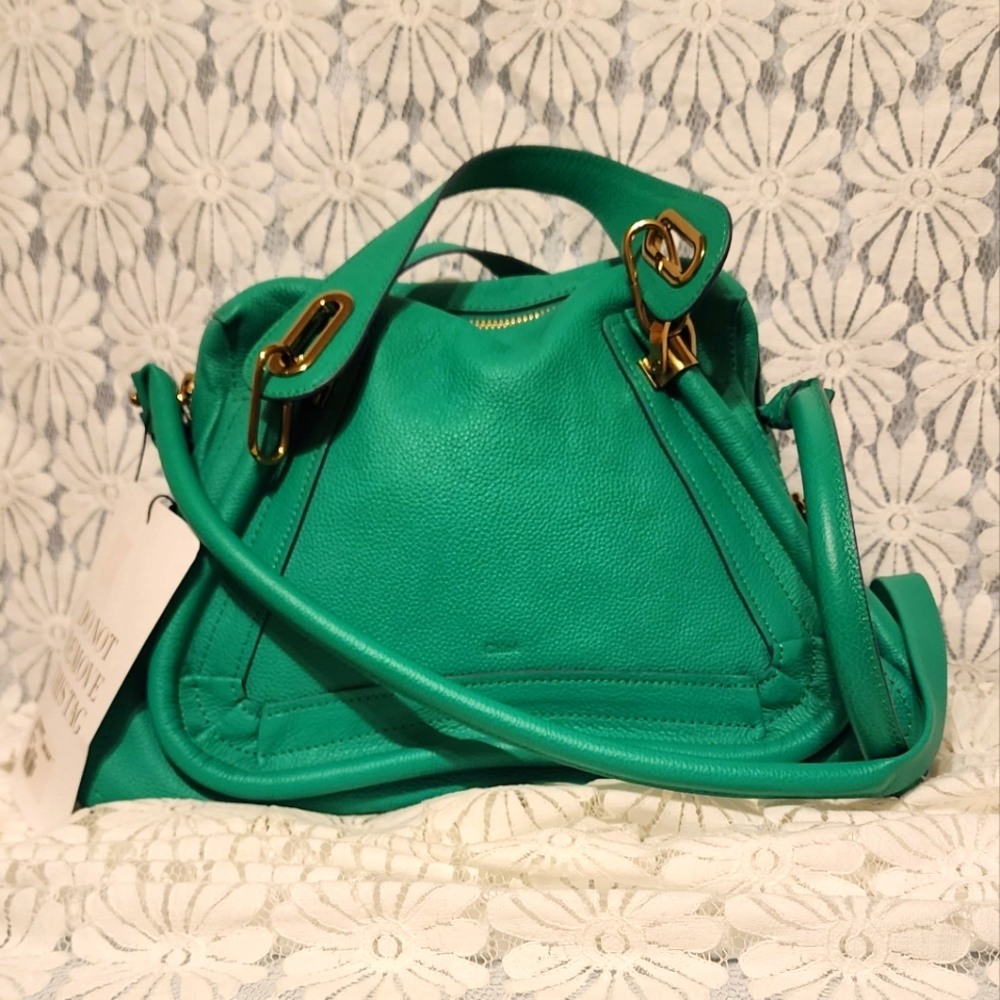 Chloe leather handbag in jade green, approx 14" x 6" x 9".
